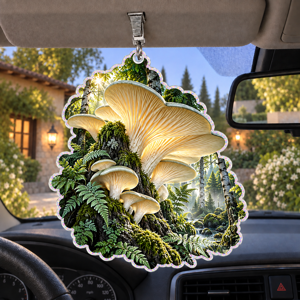 Sage Mushroom Study Holographic Car Visor Clip with printed optical 3D artwork in its use setting