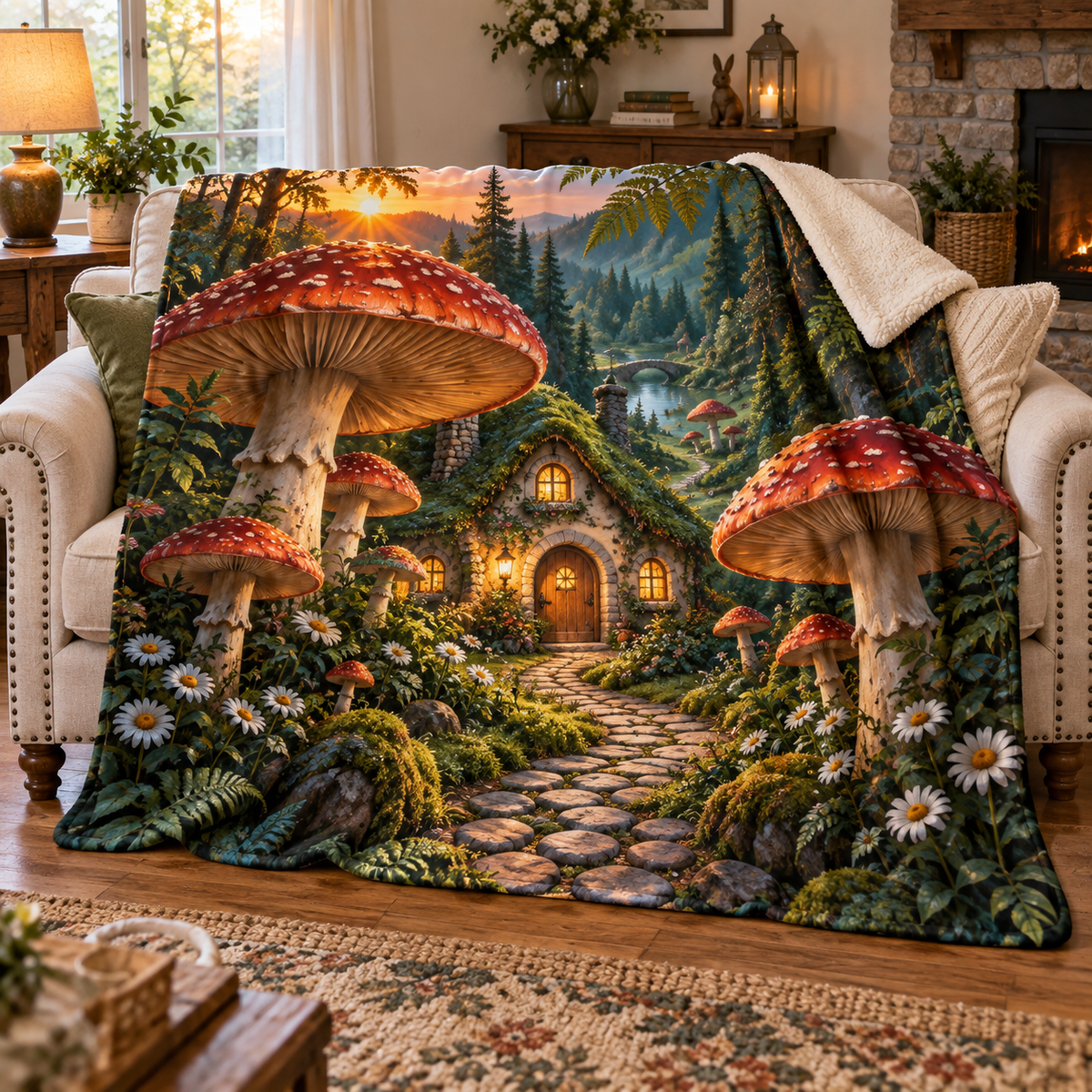 Mushroom Cottage Welcome Sherpa & Fleece Blanket with printed optical 3D artwork in its use setting