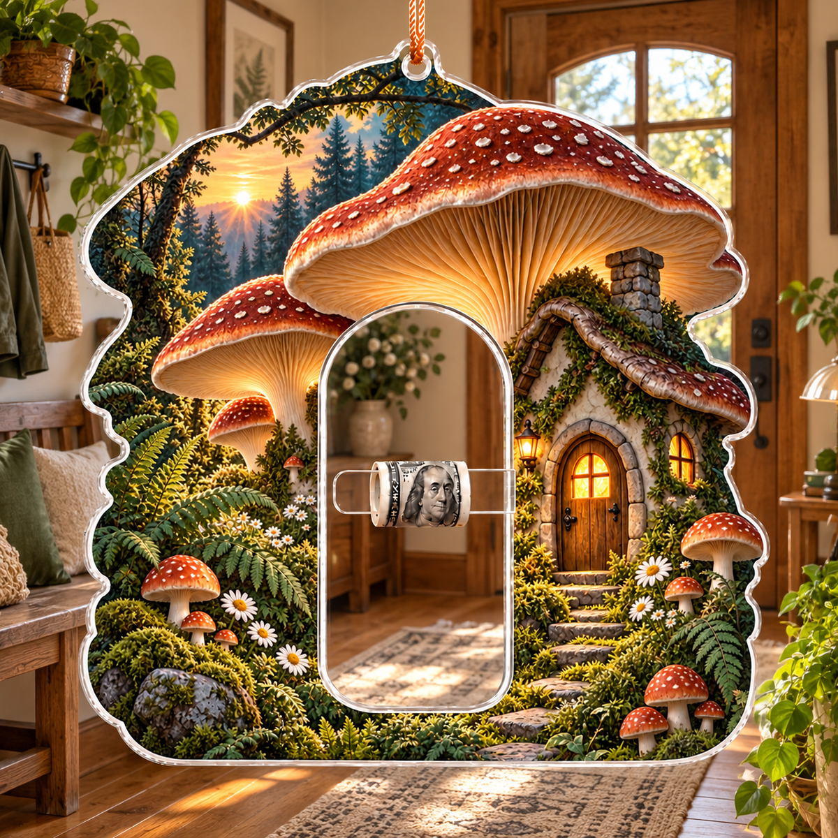 Mushroom Cottage Welcome Acrylic Cash Holder Ornament with printed optical 3D artwork in its use setting