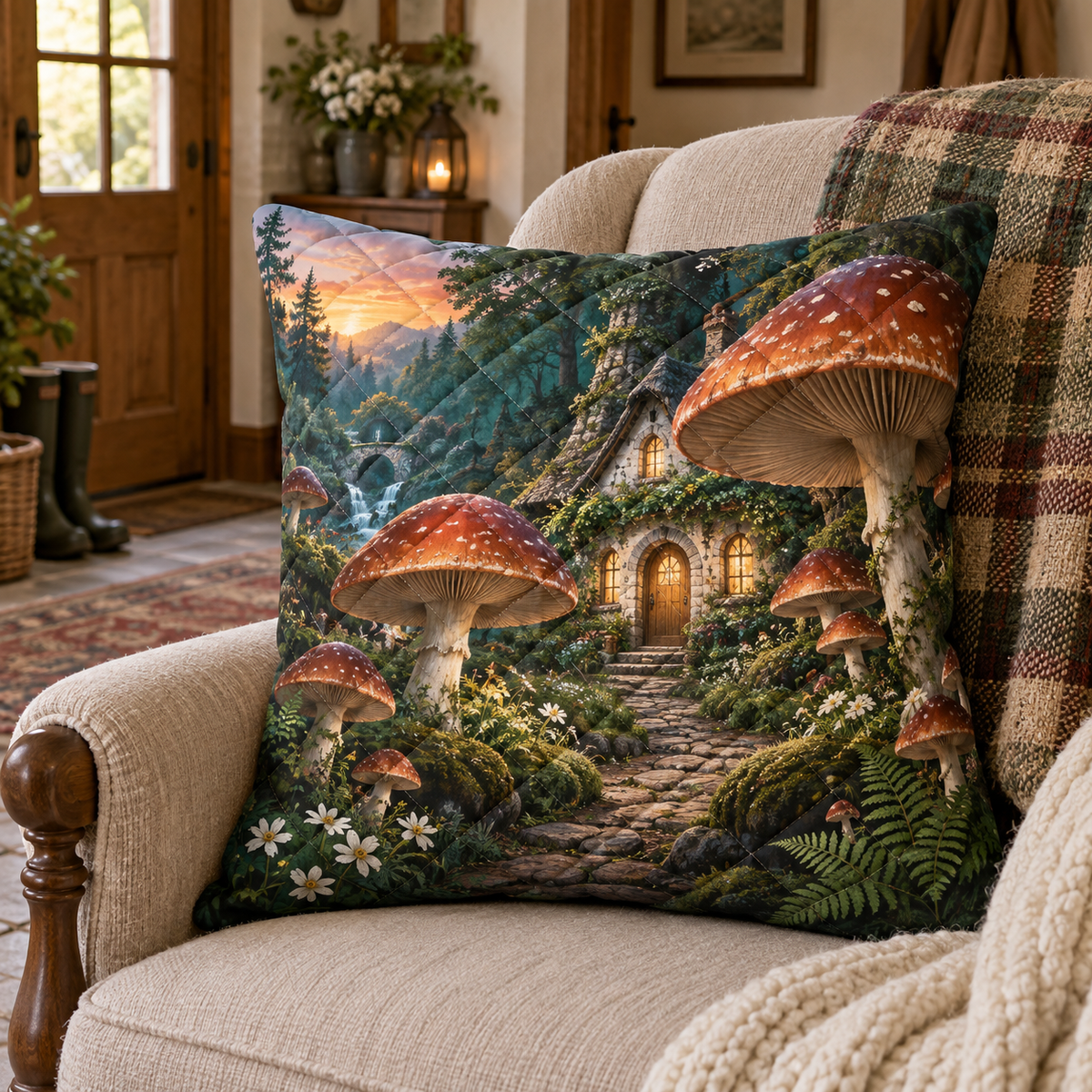 Mushroom Cottage Welcome Quilted Cushion Cover with printed optical 3D artwork in its use setting