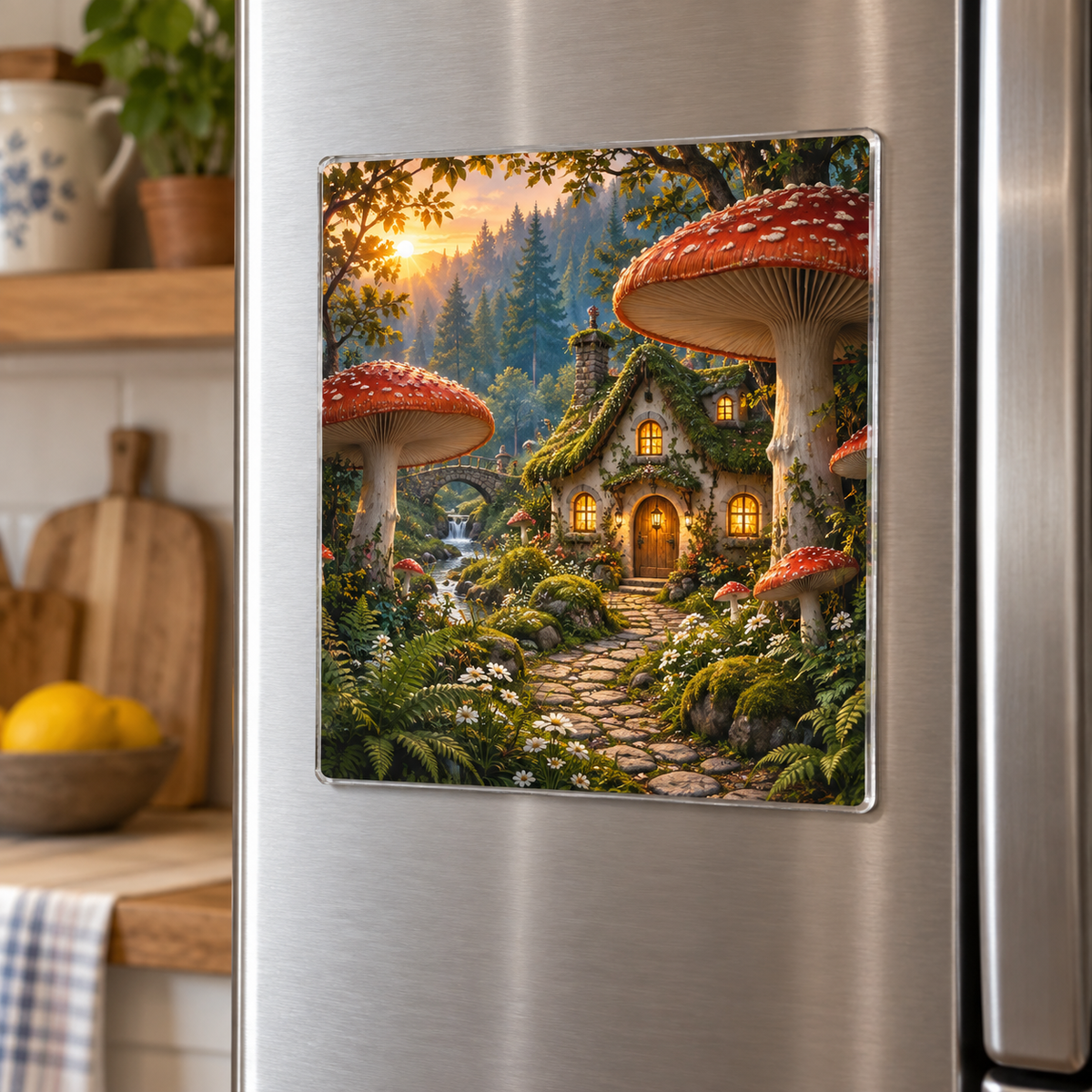 Mushroom Cottage Welcome Acrylic Refrigerator Magnet with printed optical 3D artwork in its use setting
