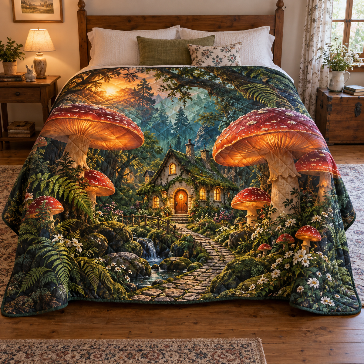 Mushroom Cottage Welcome Quilt Blanket with printed optical 3D artwork in its use setting