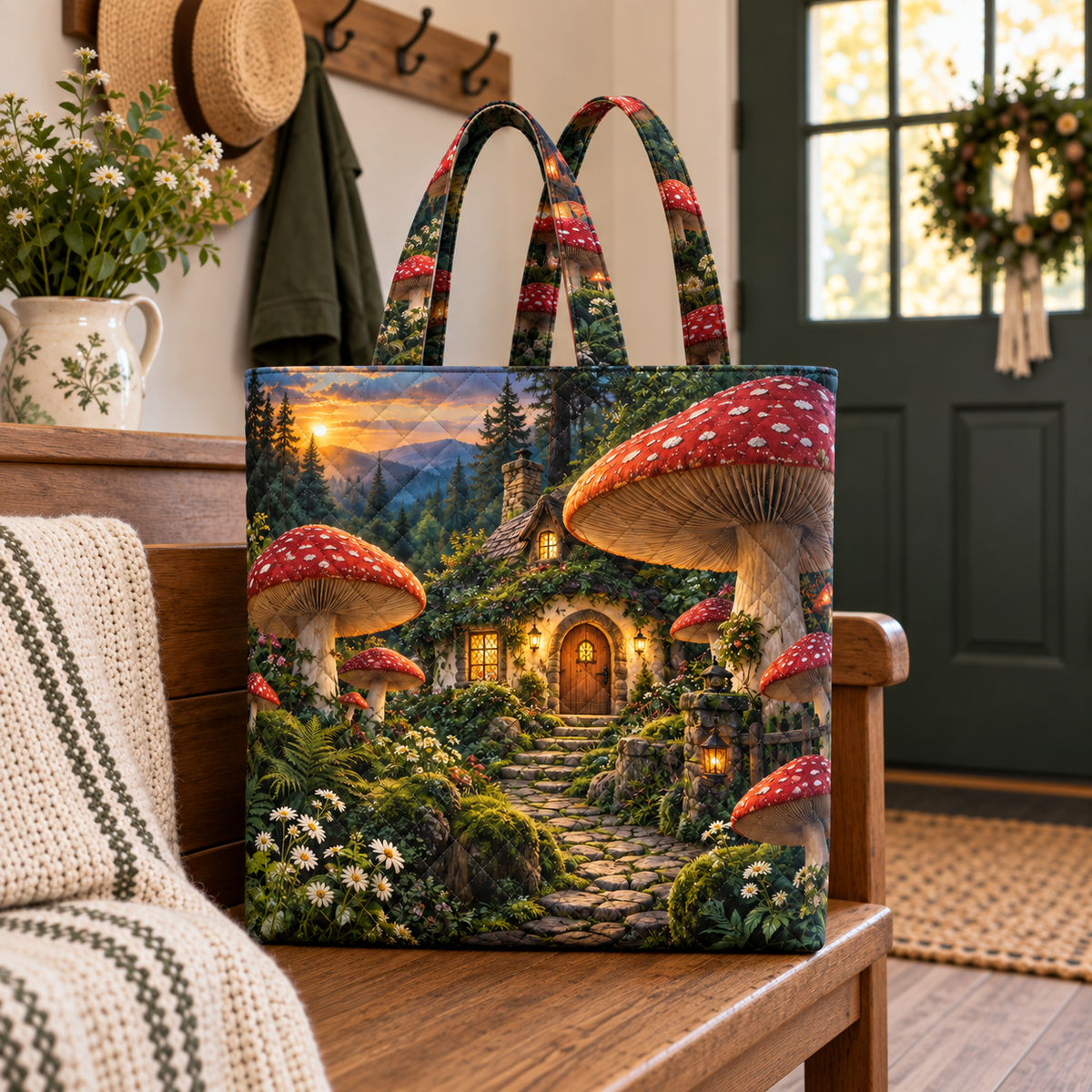 Mushroom Cottage Welcome Quilted Tote Bag with printed optical 3D artwork in its use setting