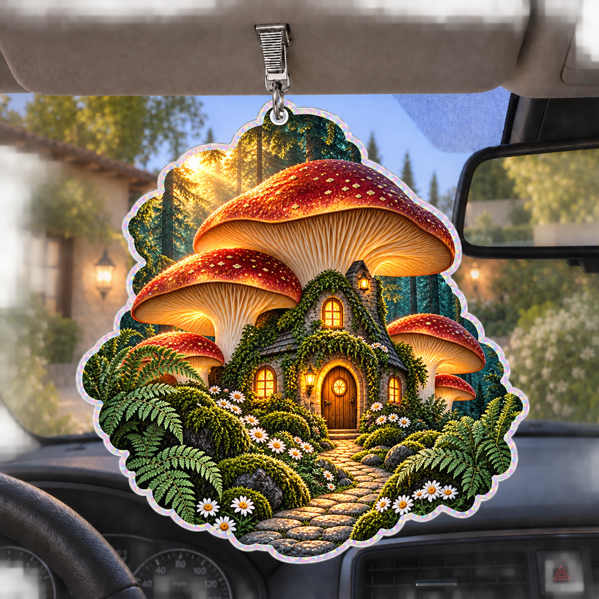 Mushroom Cottage Welcome Holographic Car Visor Clip with printed optical 3D artwork in its use setting