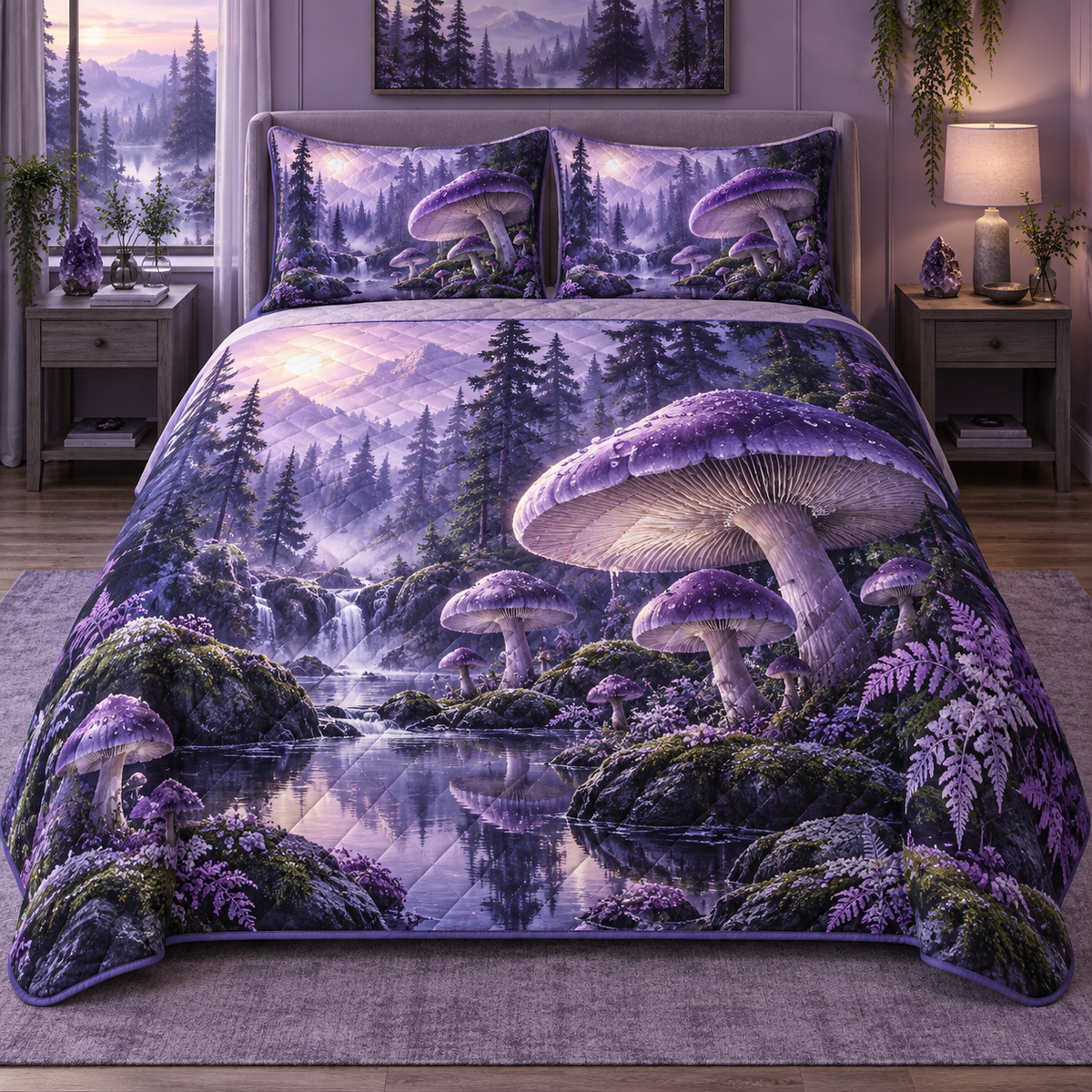 Violet Mushroom Stillness Quilted Bedding Set with printed optical 3D artwork in its use setting