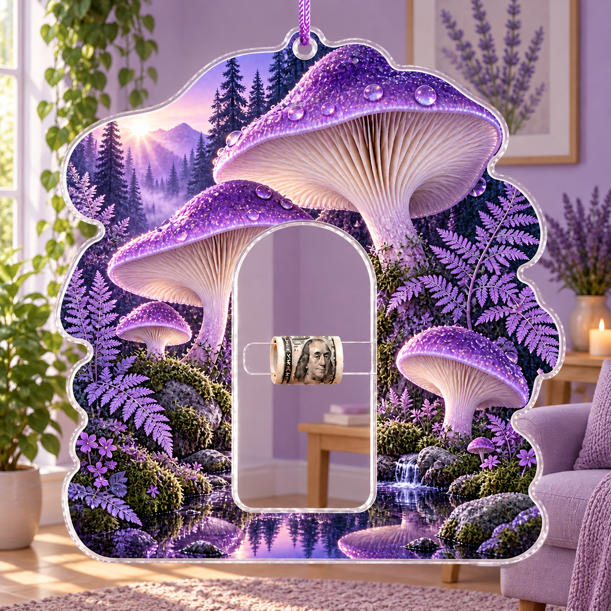 Violet Mushroom Stillness Acrylic Cash Holder Ornament with printed optical 3D artwork in its use setting