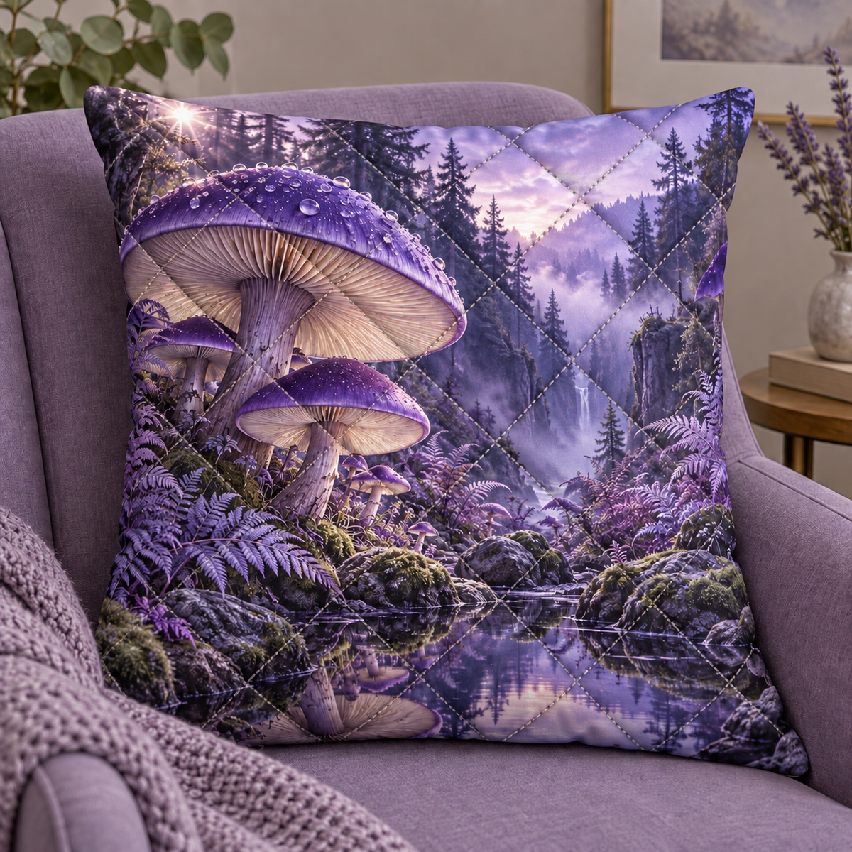 Violet Mushroom Stillness Quilted Cushion Cover with printed optical 3D artwork in its use setting