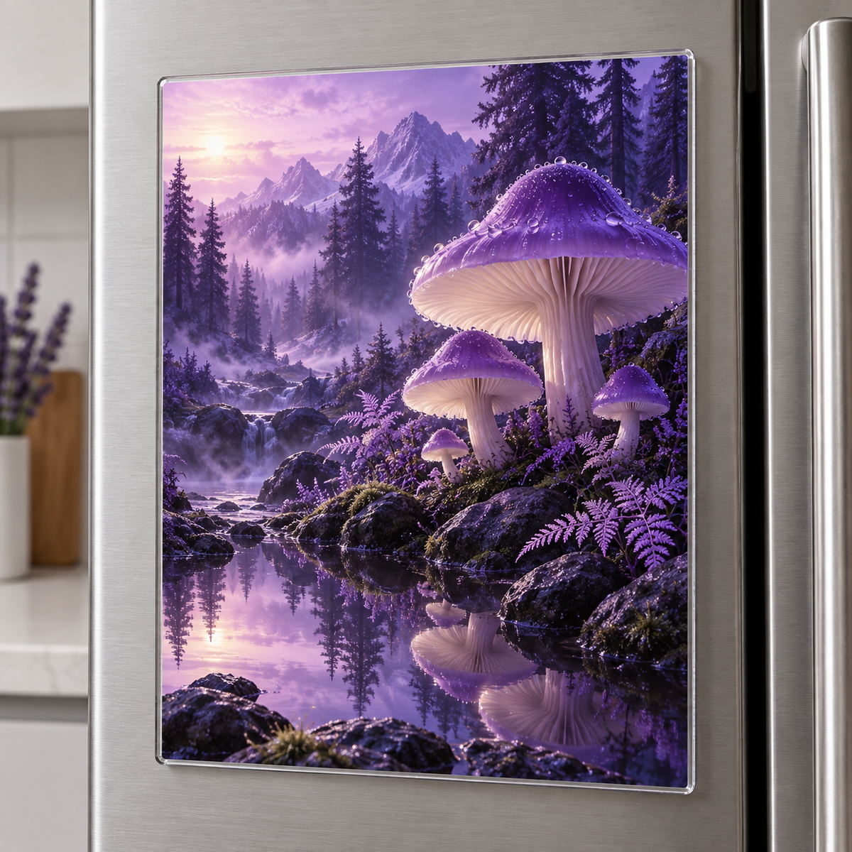 Violet Mushroom Stillness Acrylic Refrigerator Magnet with printed optical 3D artwork in its use setting