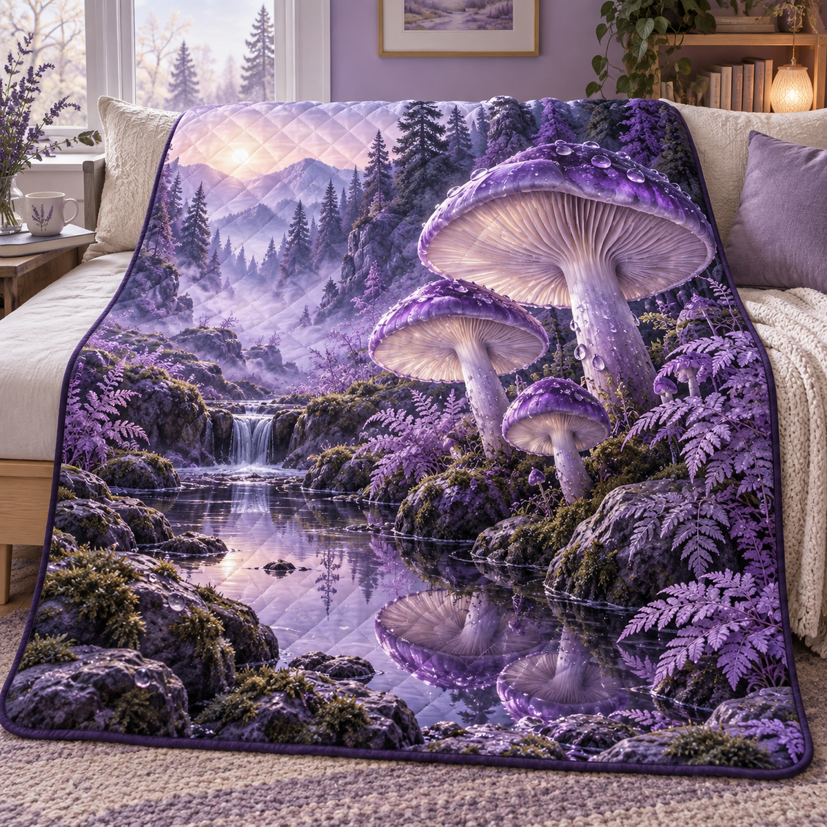 Violet Mushroom Stillness Quilt Blanket with printed optical 3D artwork in its use setting