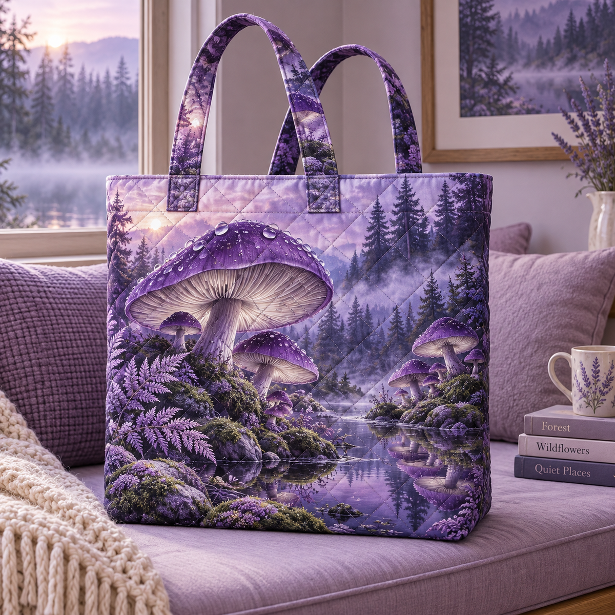 Violet Mushroom Stillness Quilted Tote Bag with printed optical 3D artwork in its use setting