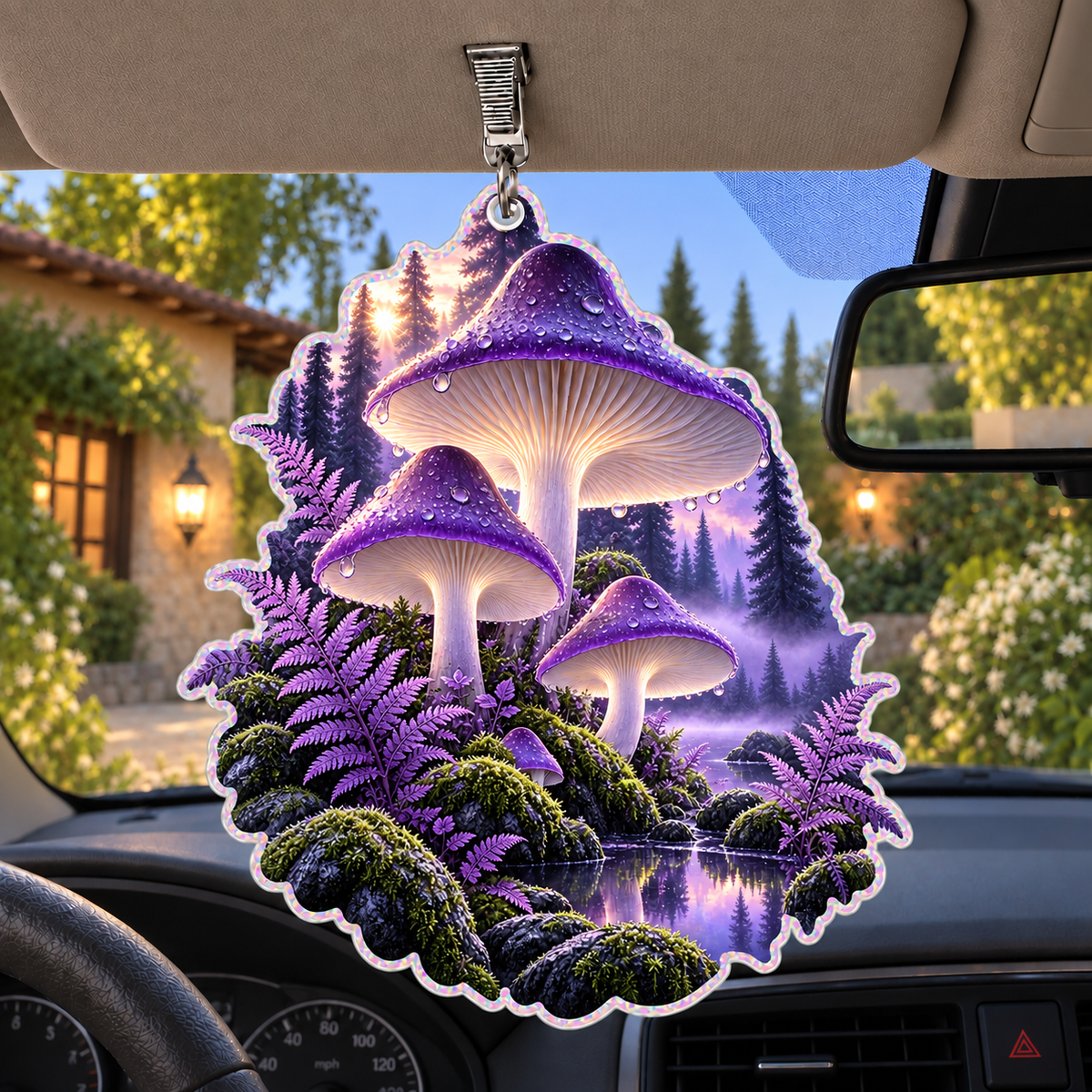 Violet Mushroom Stillness Holographic Car Visor Clip with printed optical 3D artwork in its use setting