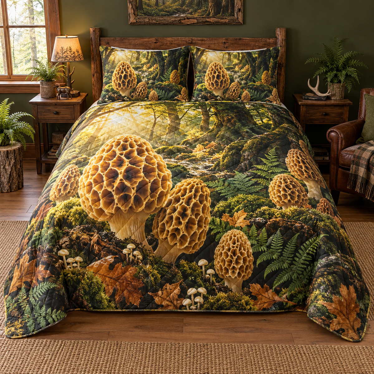 Golden Morel Treasury Quilted Bedding Set with printed optical 3D artwork in its use setting