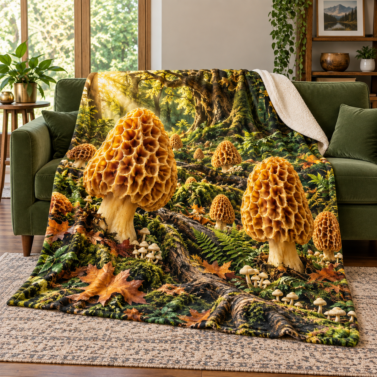 Golden Morel Treasury Sherpa & Fleece Blanket with printed optical 3D artwork in its use setting