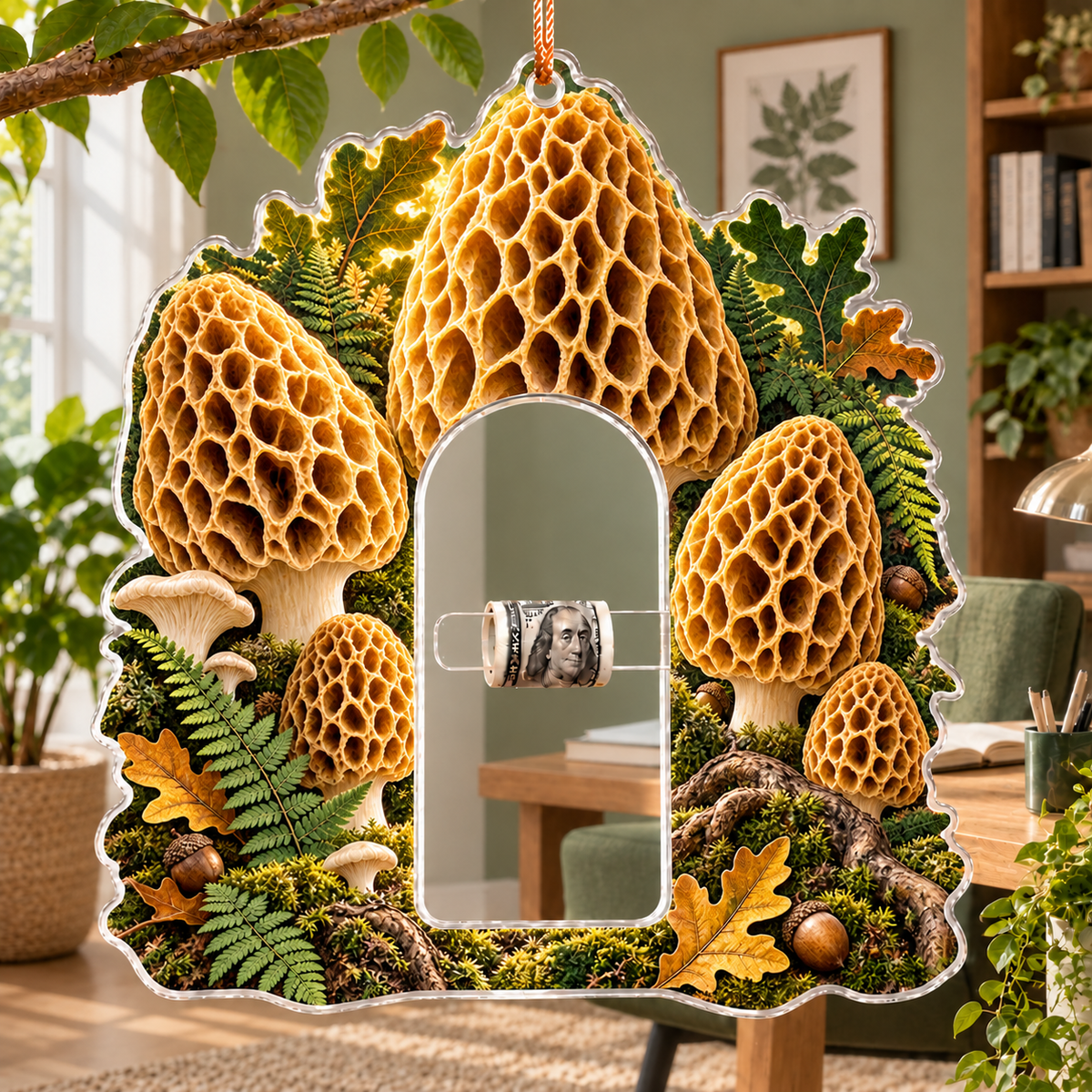 Golden Morel Treasury Acrylic Cash Holder Ornament with printed optical 3D artwork in its use setting