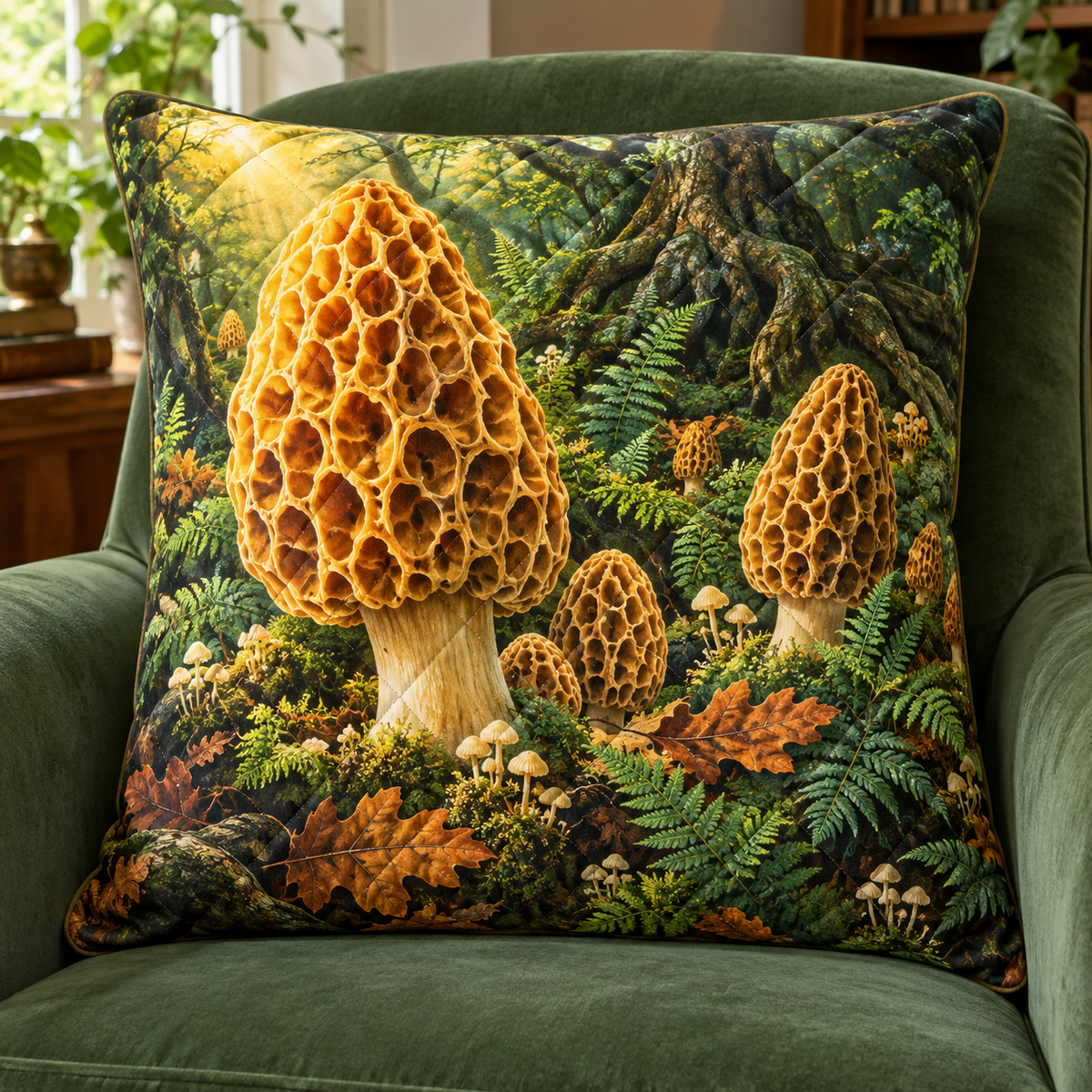 Golden Morel Treasury Quilted Cushion Cover with printed optical 3D artwork in its use setting