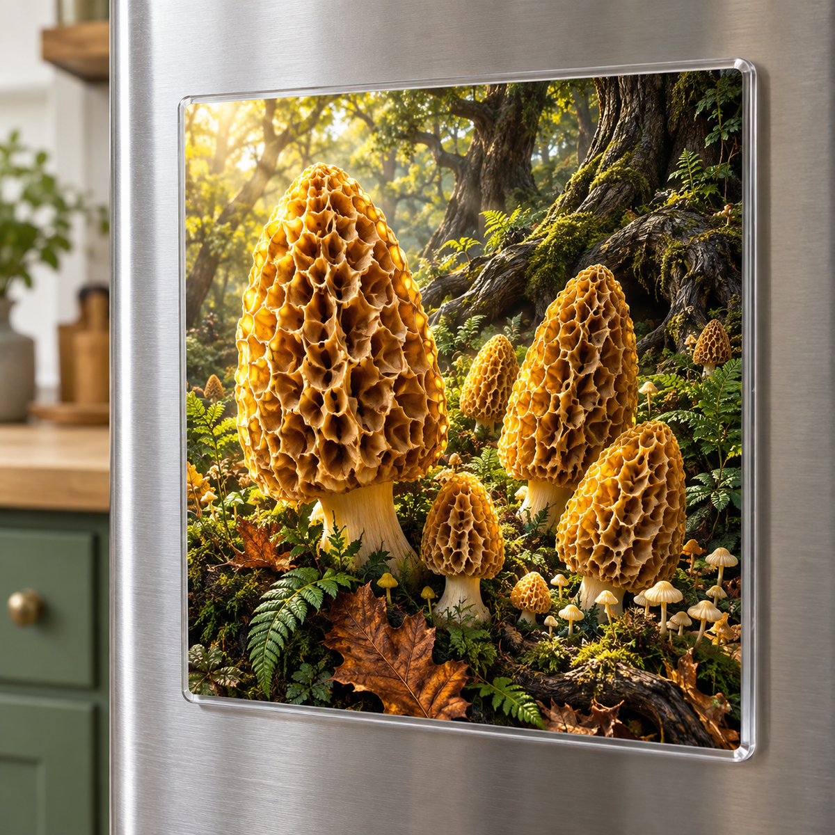 Golden Morel Treasury Acrylic Refrigerator Magnet with printed optical 3D artwork in its use setting