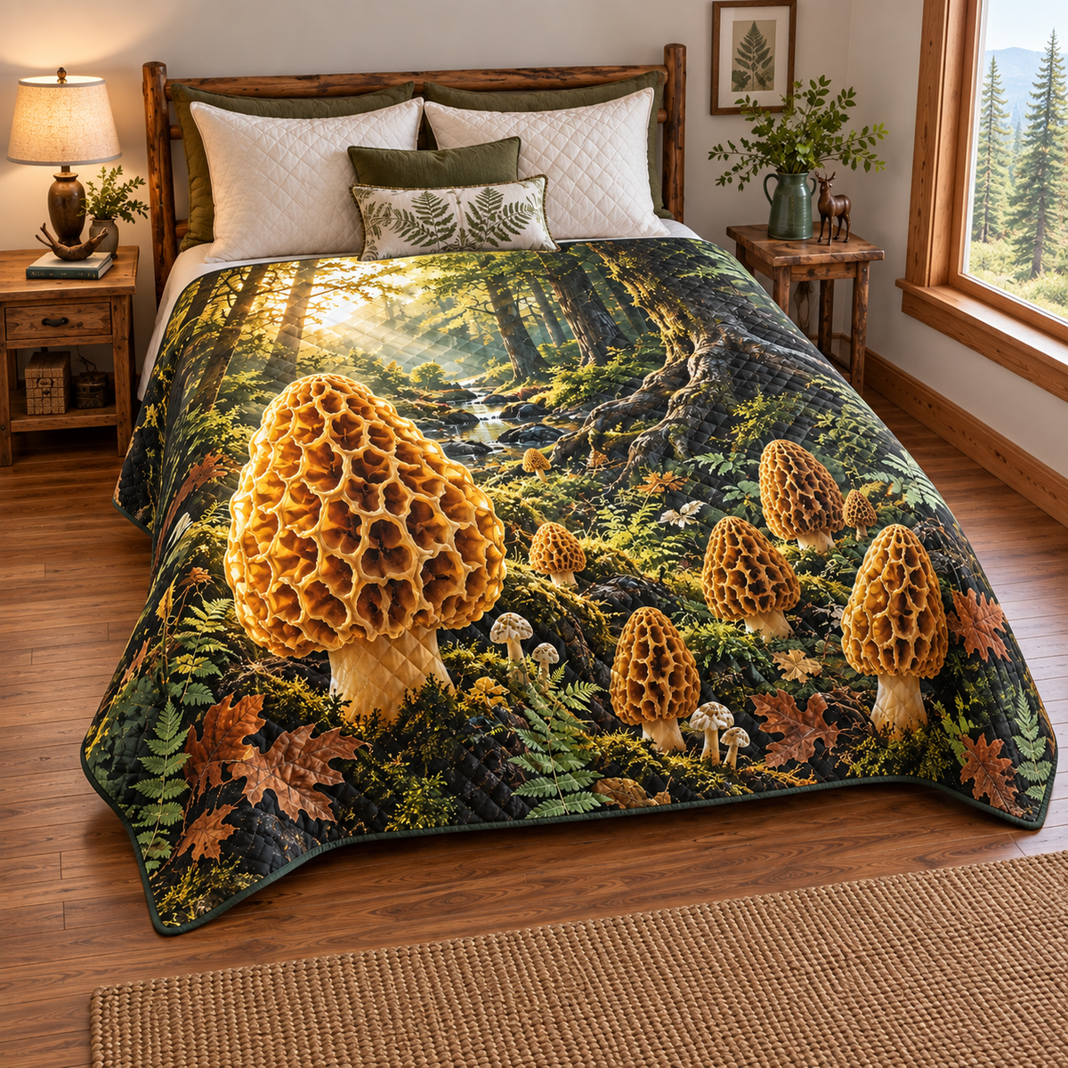 Golden Morel Treasury Quilt Blanket with printed optical 3D artwork in its use setting