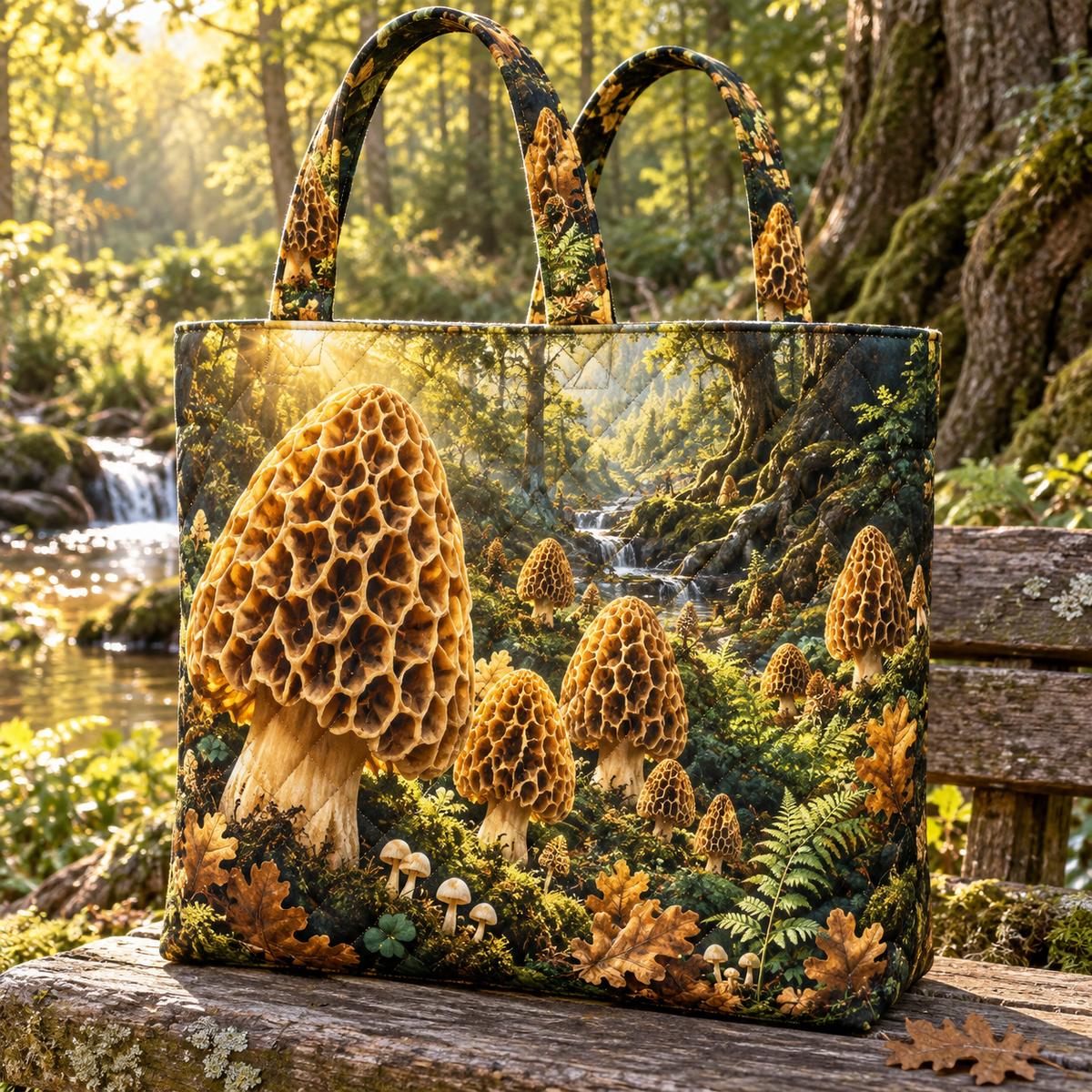 Golden Morel Treasury Quilted Tote Bag with printed optical 3D artwork in its use setting