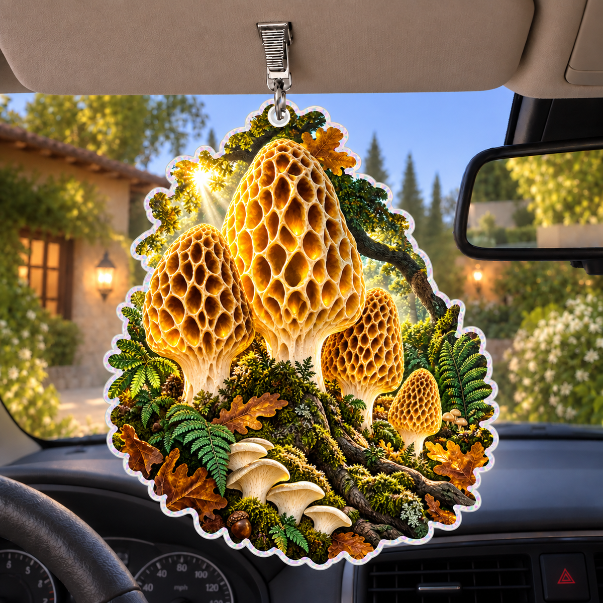 Golden Morel Treasury Holographic Car Visor Clip with printed optical 3D artwork in its use setting