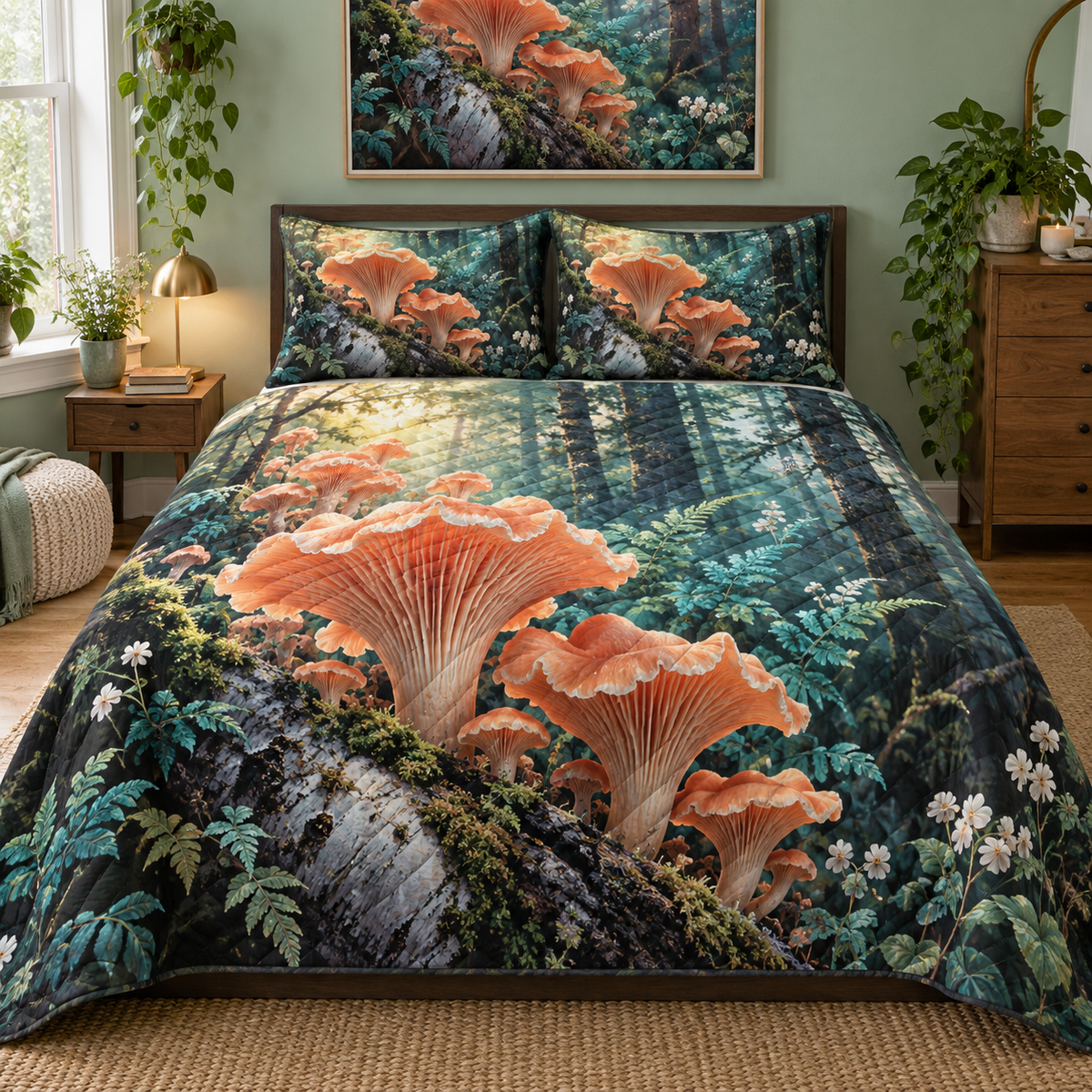 Coral Mushroom Gallery Quilted Bedding Set with printed optical 3D artwork in its use setting
