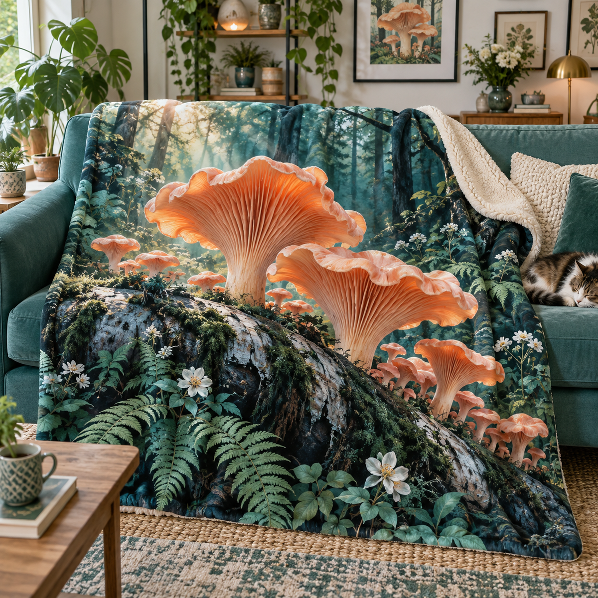 Coral Mushroom Gallery Sherpa & Fleece Blanket with printed optical 3D artwork in its use setting