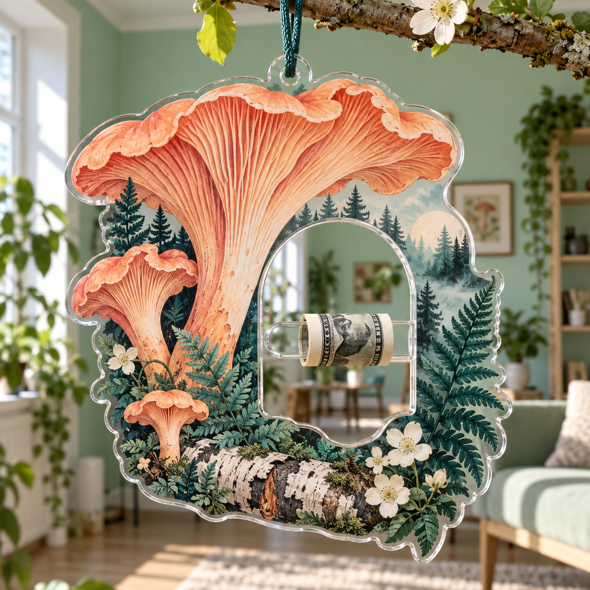 Coral Mushroom Gallery Acrylic Cash Holder Ornament with printed optical 3D artwork in its use setting