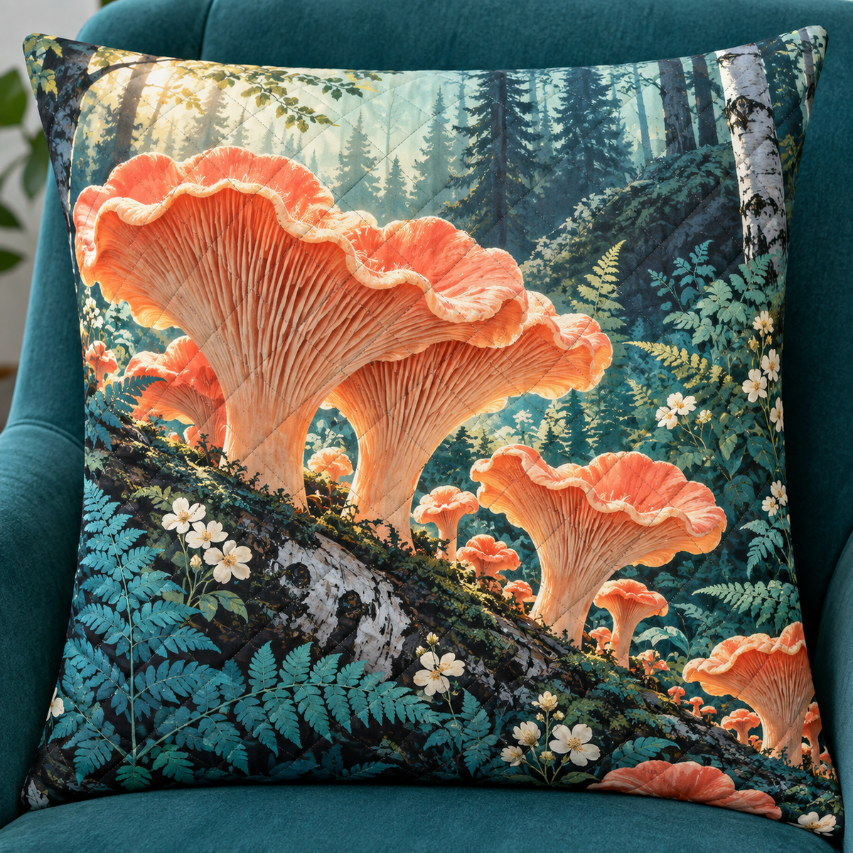 Coral Mushroom Gallery Quilted Cushion Cover with printed optical 3D artwork in its use setting