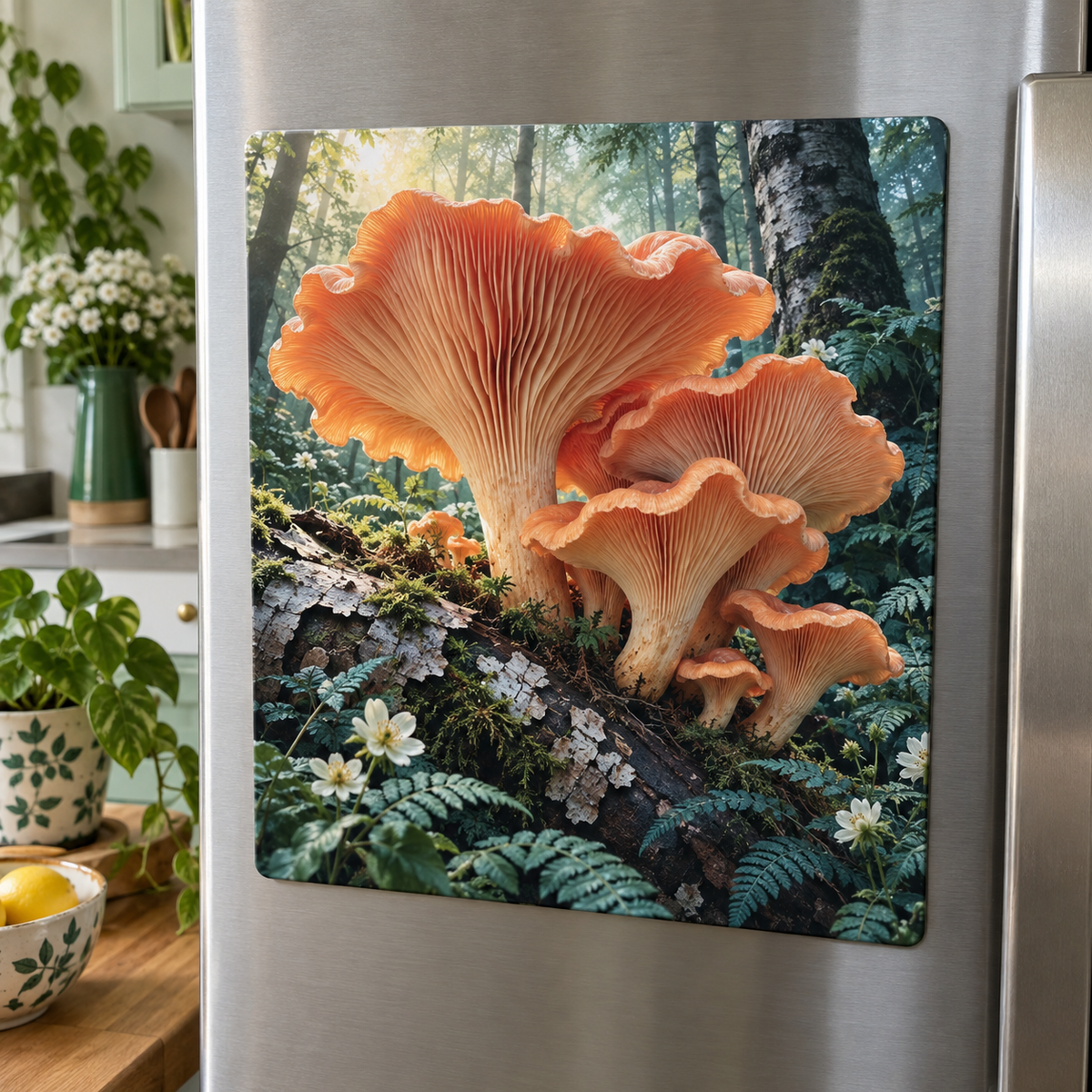 Coral Mushroom Gallery Acrylic Refrigerator Magnet with printed optical 3D artwork in its use setting