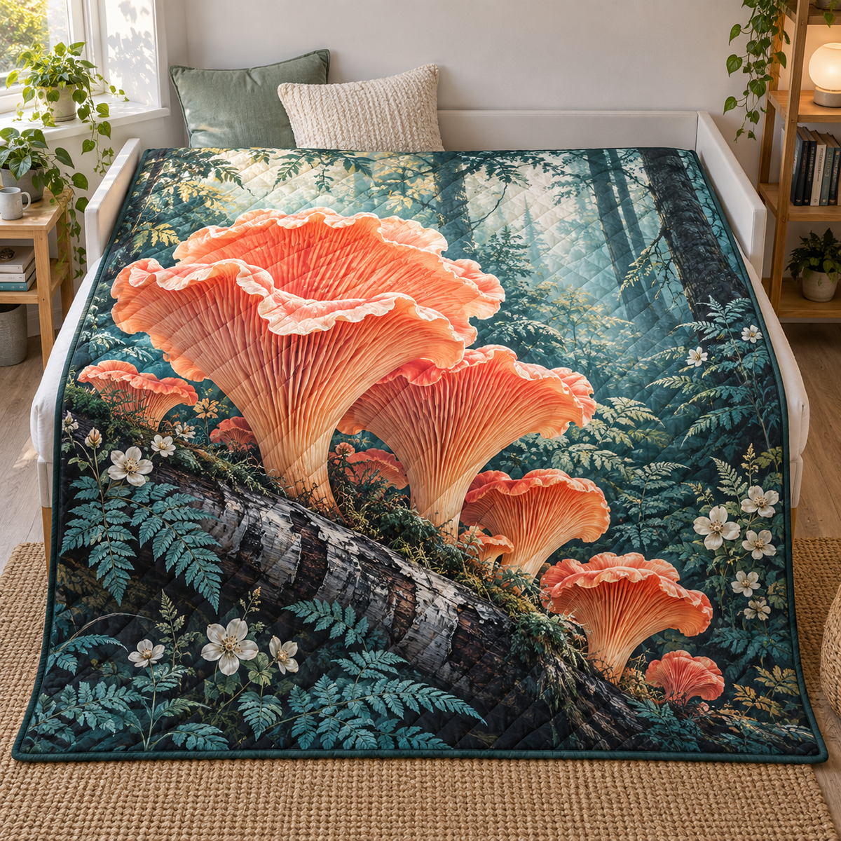Coral Mushroom Gallery Quilt Blanket with printed optical 3D artwork in its use setting