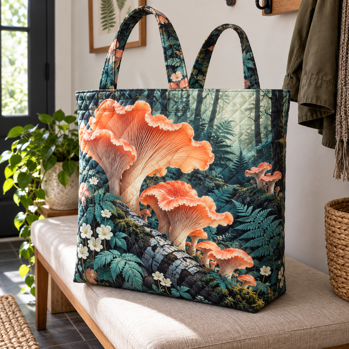 Coral Mushroom Gallery Quilted Tote Bag with printed optical 3D artwork in its use setting