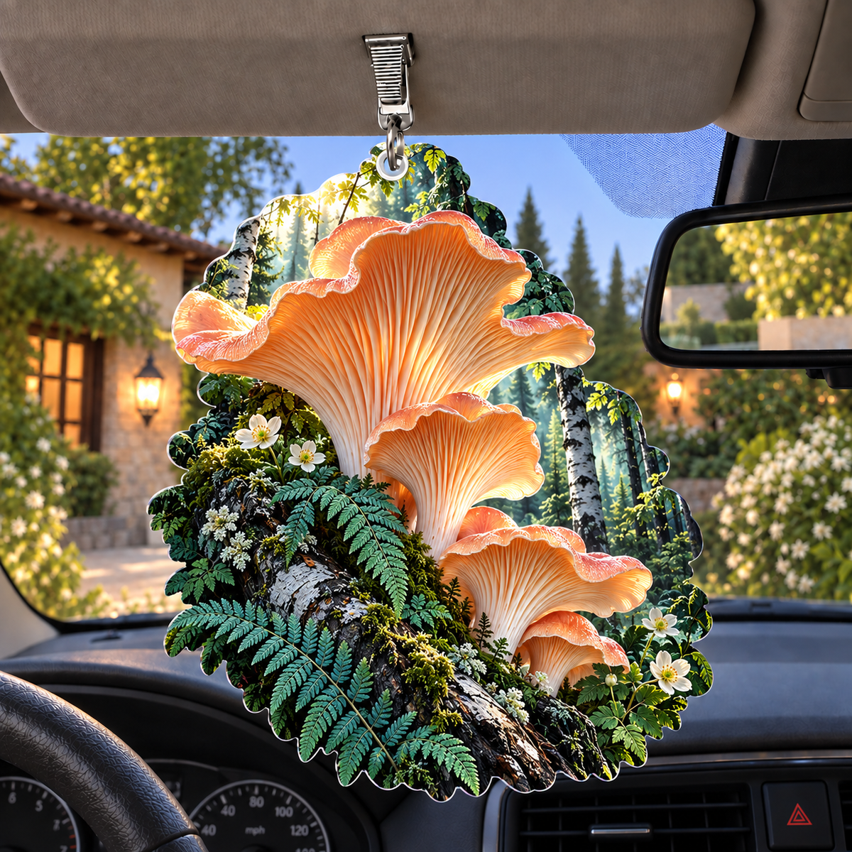 Coral Mushroom Gallery Holographic Car Visor Clip with printed optical 3D artwork in its use setting