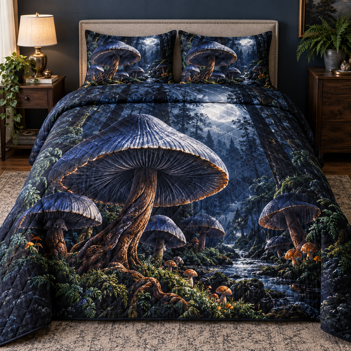 Indigo Inkcap Atelier Quilted Bedding Set with printed optical 3D artwork in its use setting