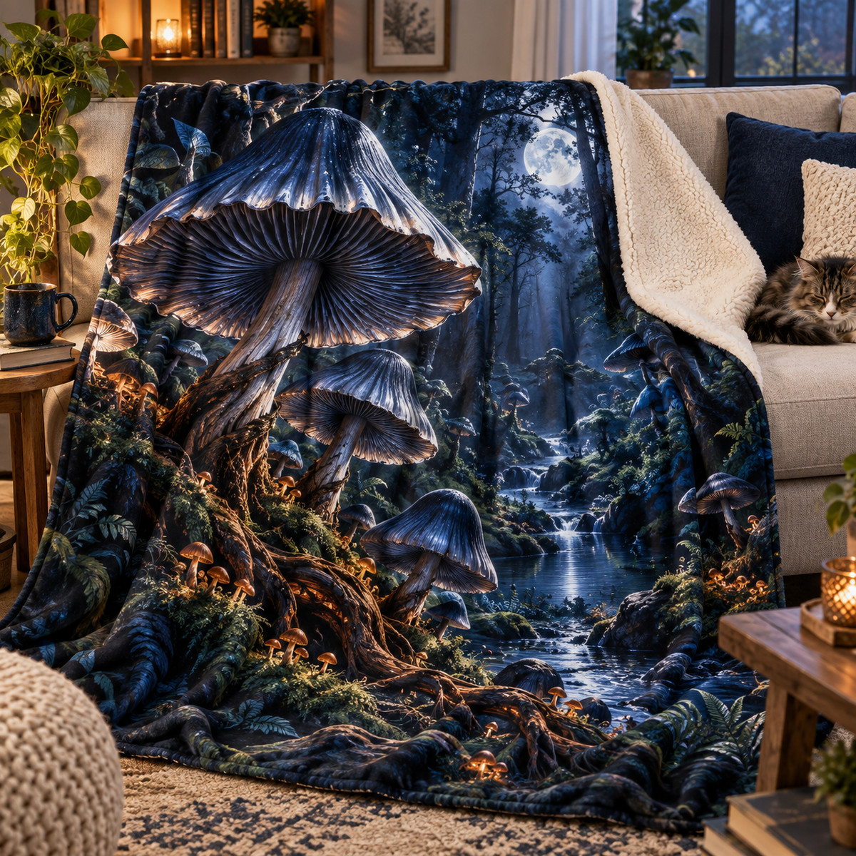 Indigo Inkcap Atelier Sherpa & Fleece Blanket with printed optical 3D artwork in its use setting