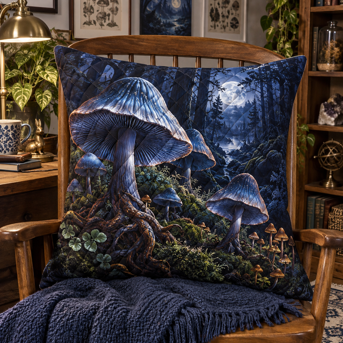 Indigo Inkcap Atelier Quilted Cushion Cover with printed optical 3D artwork in its use setting