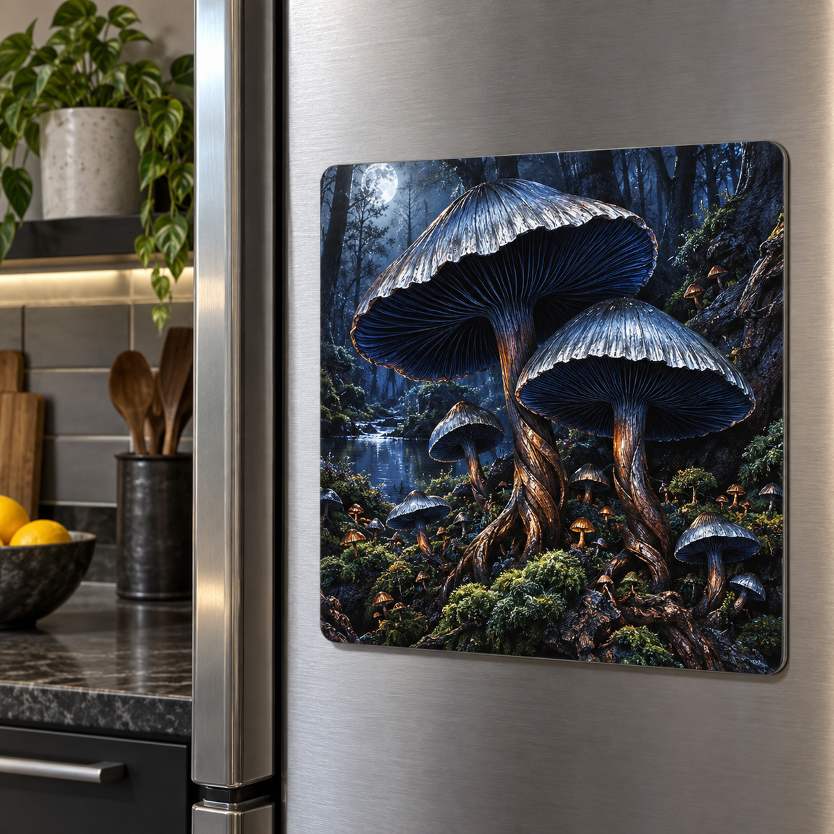 Indigo Inkcap Atelier Acrylic Refrigerator Magnet with printed optical 3D artwork in its use setting