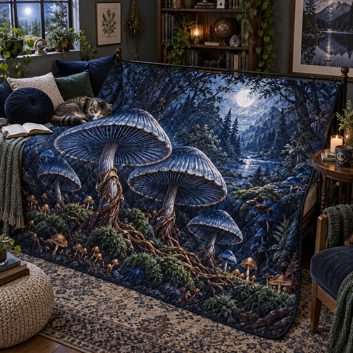 Indigo Inkcap Atelier Quilt Blanket with printed optical 3D artwork in its use setting