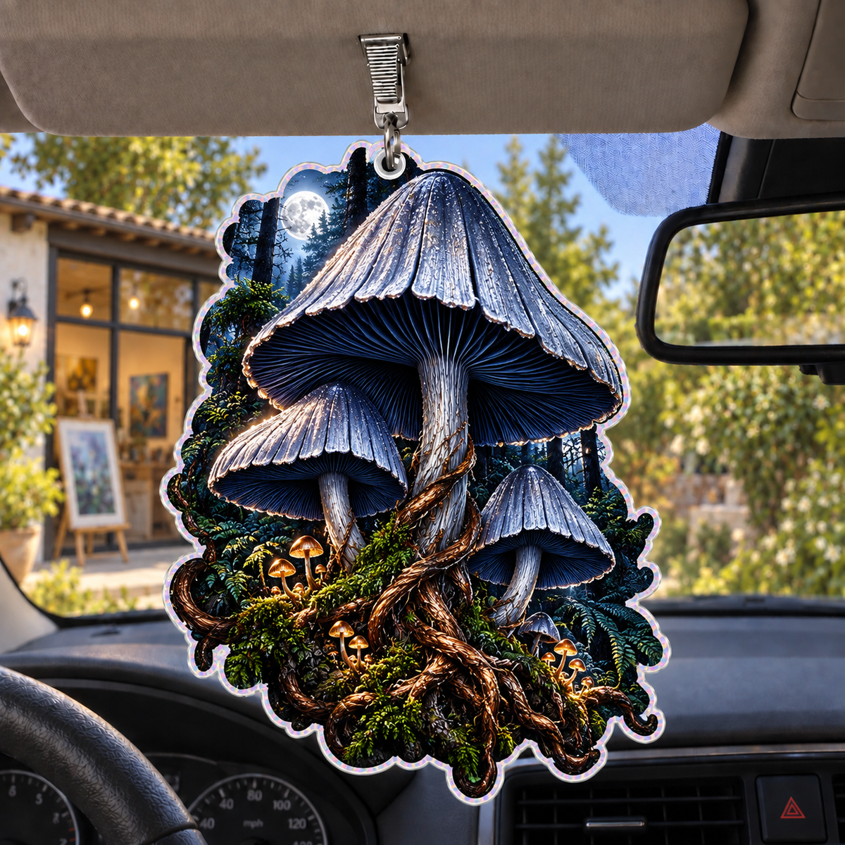 Indigo Inkcap Atelier Holographic Car Visor Clip with printed optical 3D artwork in its use setting
