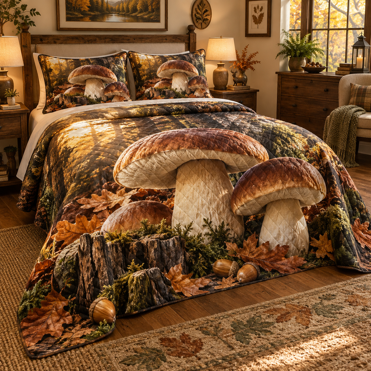 Porcini Harvest Welcome Quilted Bedding Set with printed optical 3D artwork in its use setting