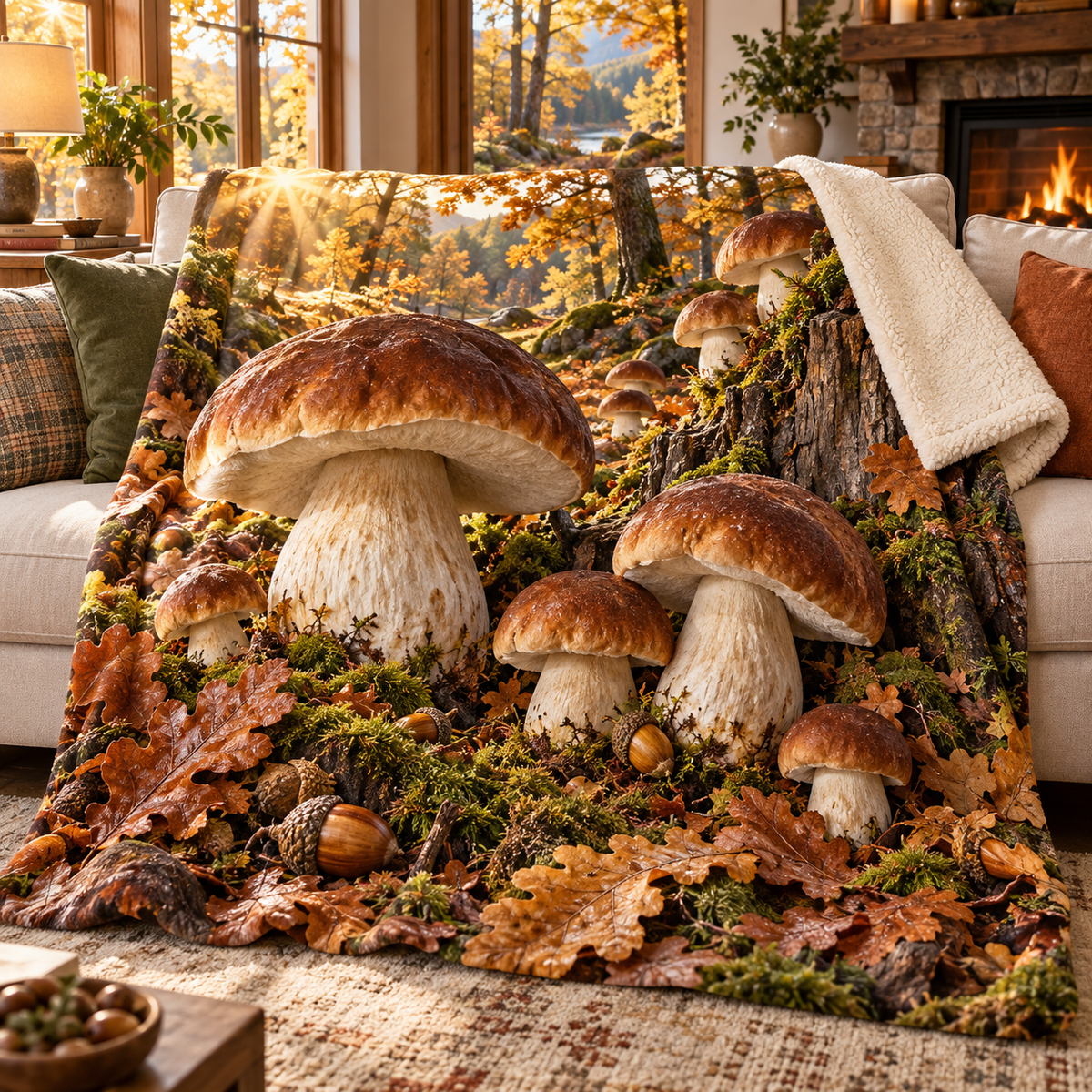 Porcini Harvest Welcome Sherpa & Fleece Blanket with printed optical 3D artwork in its use setting