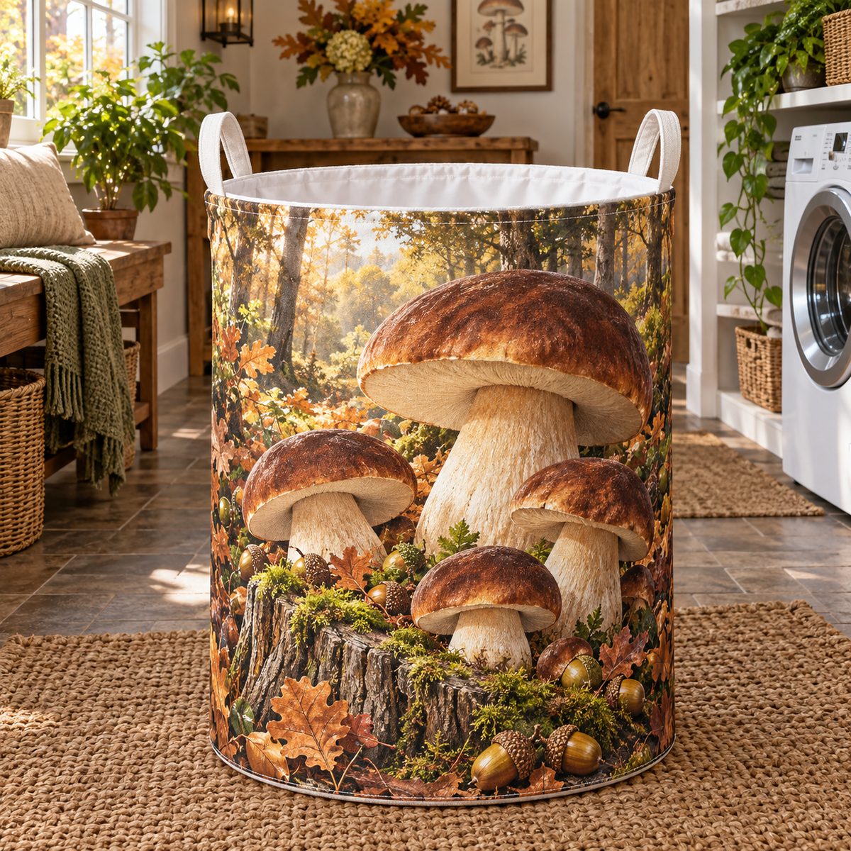 Porcini Harvest Welcome Laundry Hamper with printed optical 3D artwork in its use setting