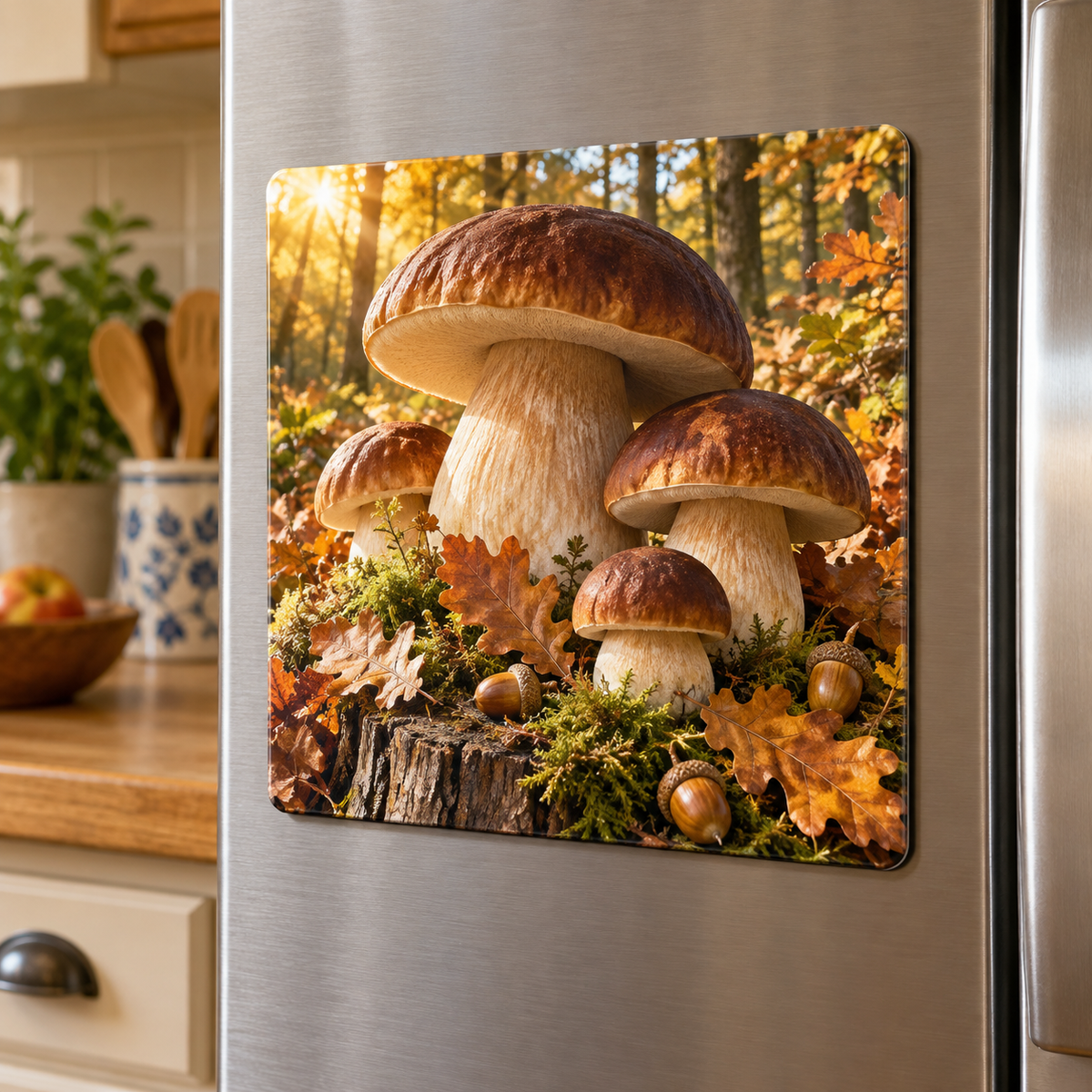 Porcini Harvest Welcome Acrylic Refrigerator Magnet with printed optical 3D artwork in its use setting