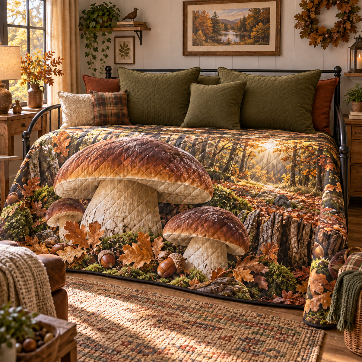 Porcini Harvest Welcome Quilt Blanket with printed optical 3D artwork in its use setting