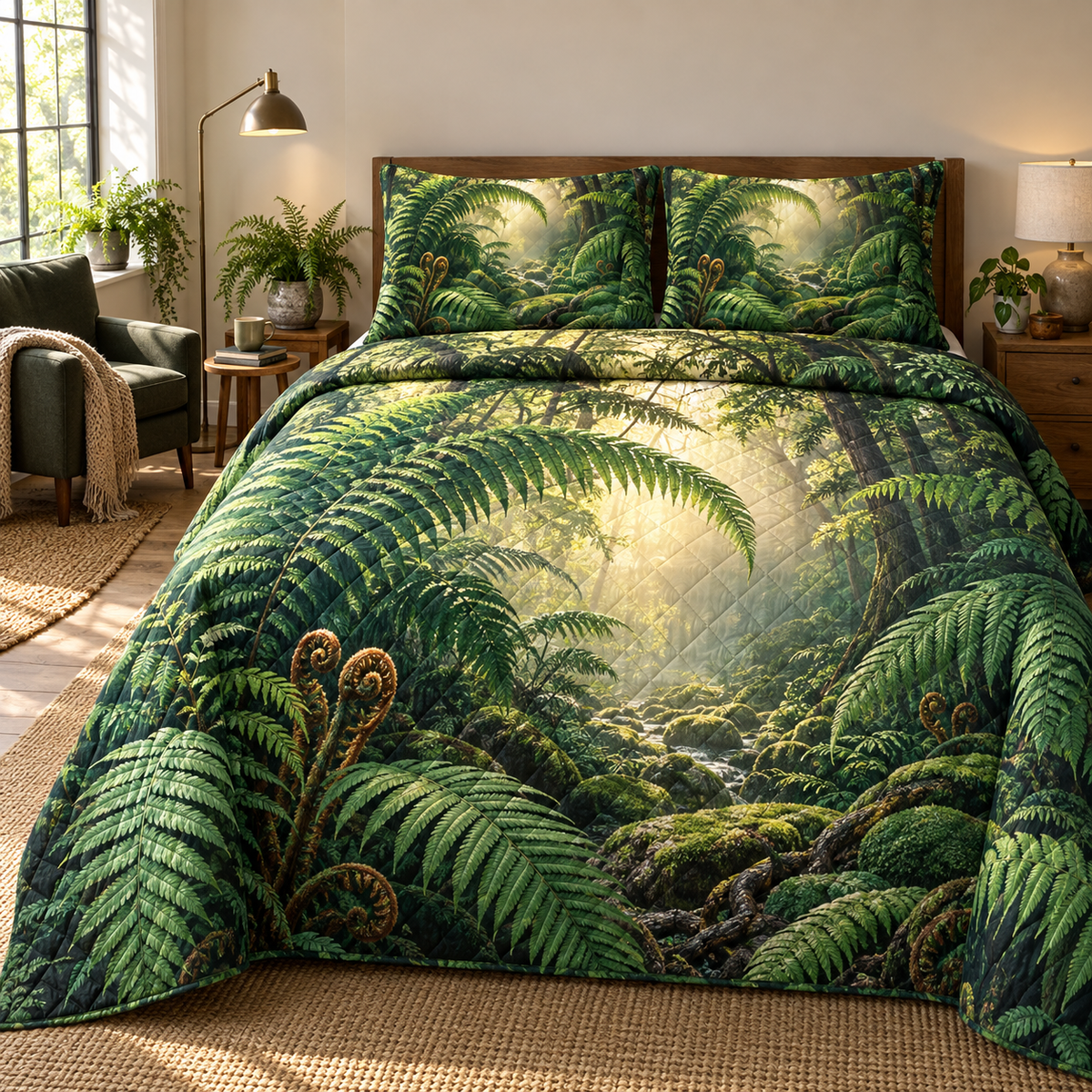 Emerald Fern Reading Grove Quilted Bedding Set with printed optical 3D artwork in its use setting