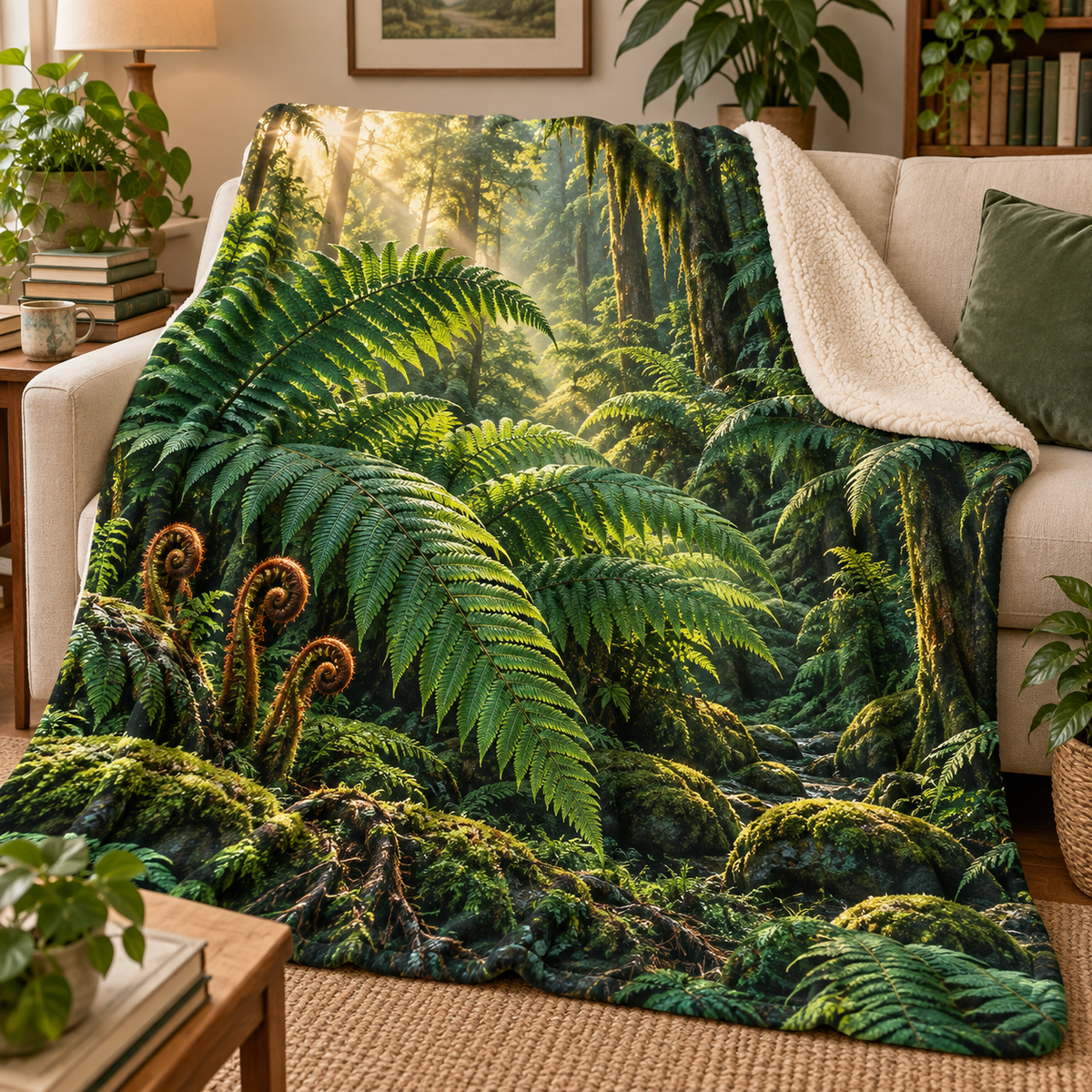 Emerald Fern Reading Grove Sherpa & Fleece Blanket with printed optical 3D artwork in its use setting