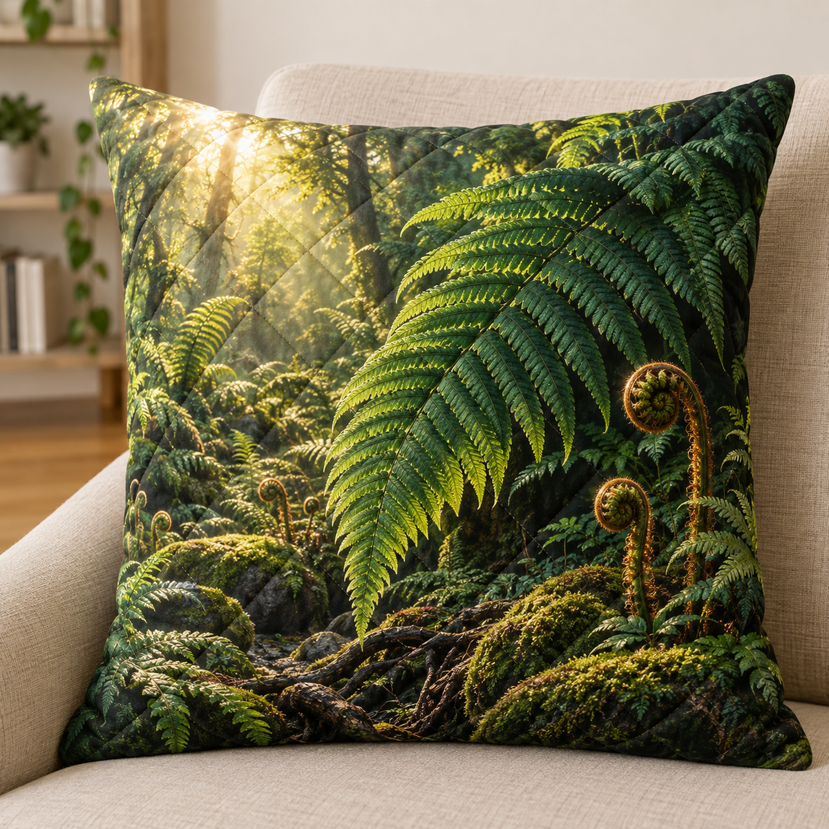 Emerald Fern Reading Grove Quilted Cushion Cover with printed optical 3D artwork in its use setting