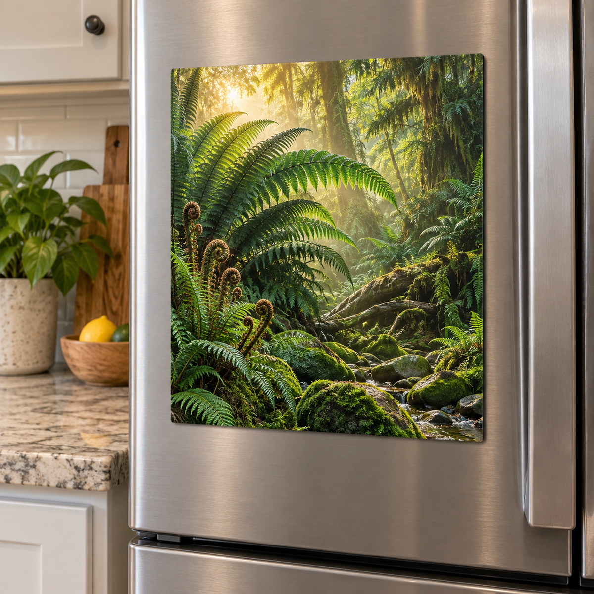 Emerald Fern Reading Grove Acrylic Refrigerator Magnet with printed optical 3D artwork in its use setting