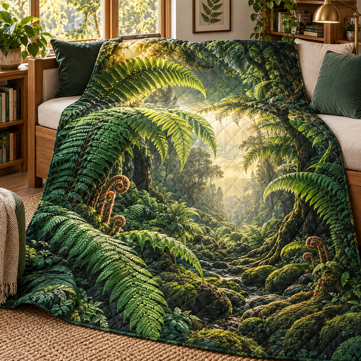 Emerald Fern Reading Grove Quilt Blanket with printed optical 3D artwork in its use setting