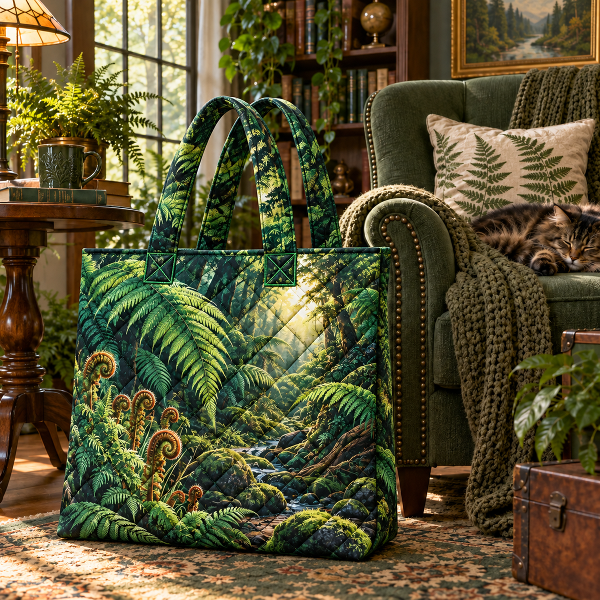 Emerald Fern Reading Grove Quilted Tote Bag with printed optical 3D artwork in its use setting