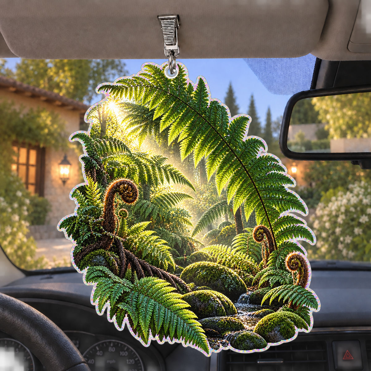 Emerald Fern Reading Grove Holographic Car Visor Clip with printed optical 3D artwork in its use setting