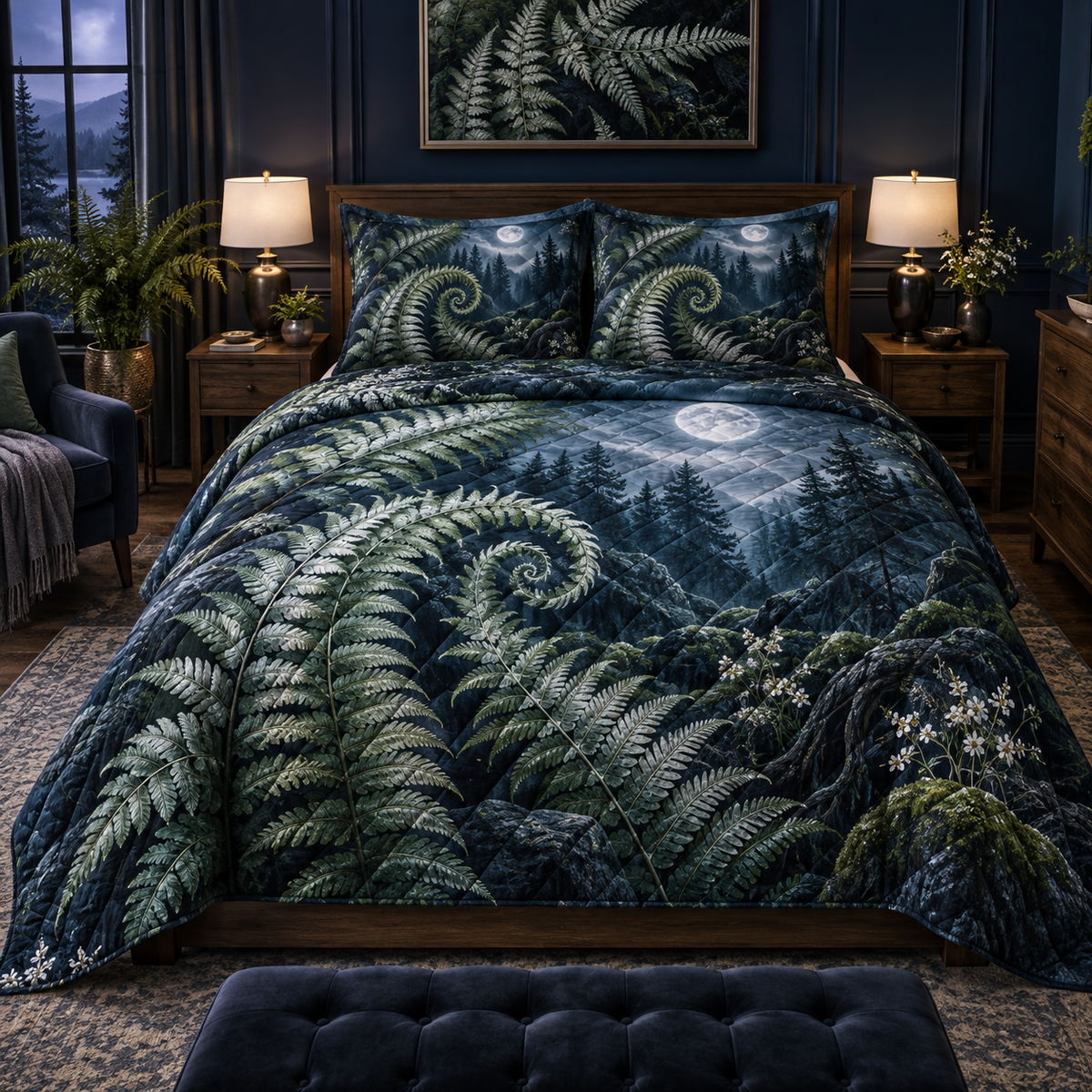 Silver Fern Moon Sanctuary Quilted Bedding Set with printed optical 3D artwork in its use setting